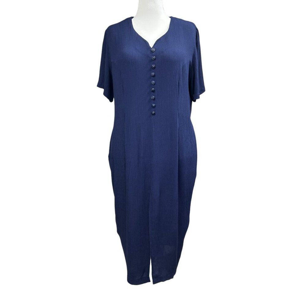 Vtg Betsy Lauren Button Accent Midi Short Sleeve Dress Front Back Slit Sz 18